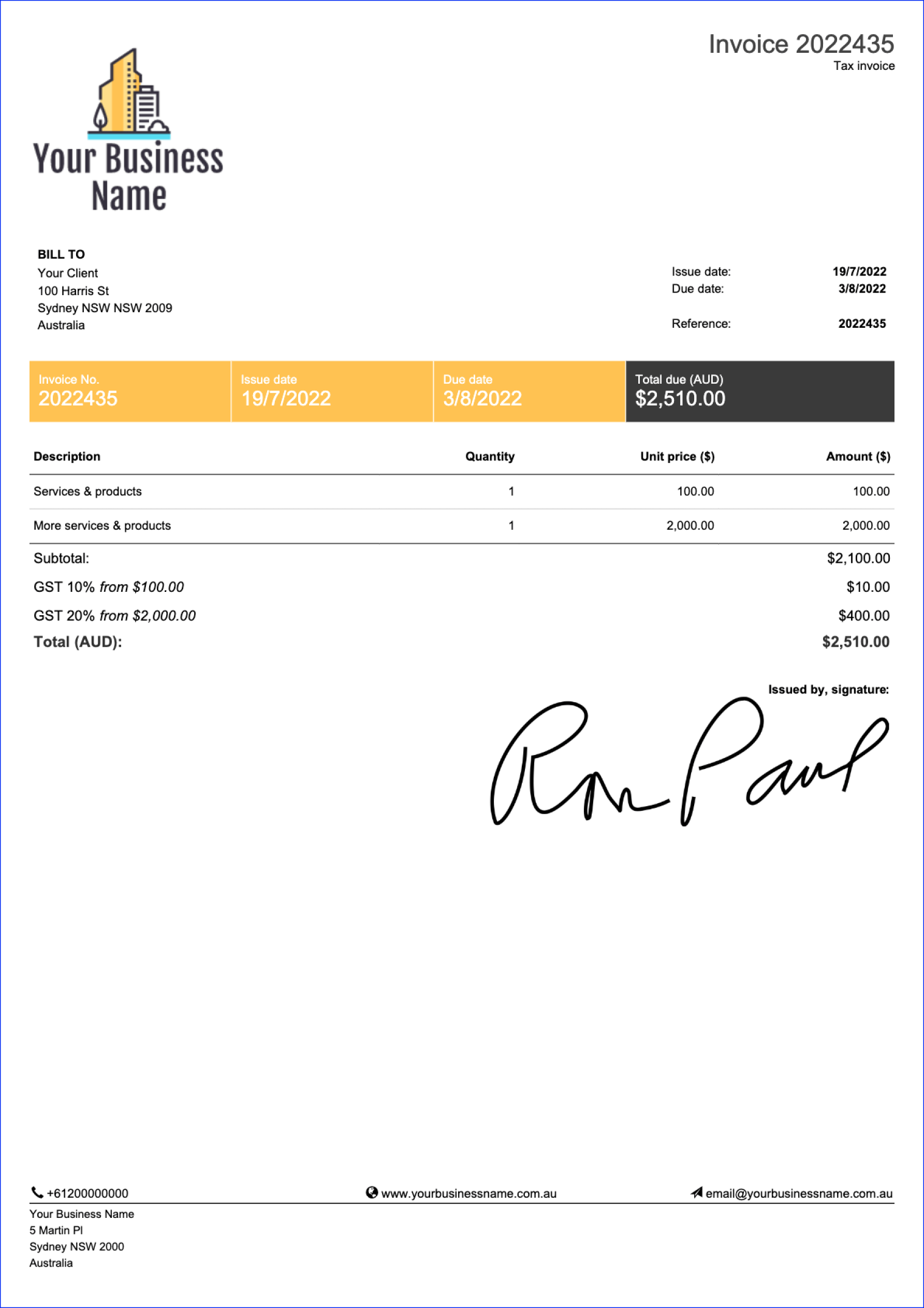 Example invoice processed by AI system